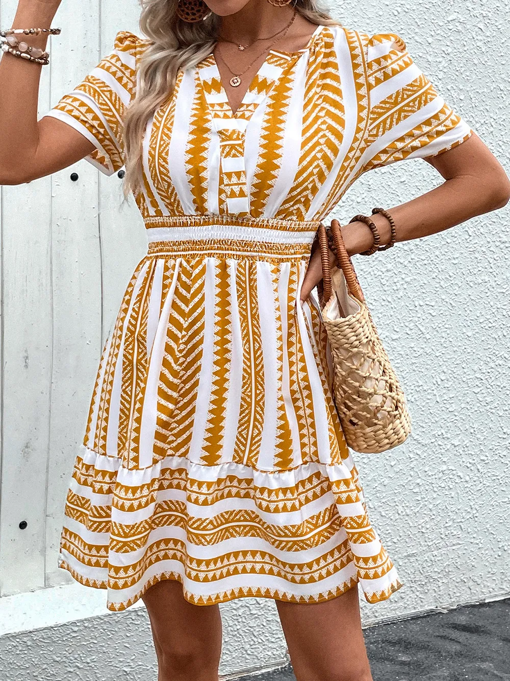 Geometric Notched Short Sleeve Mini Dress, image 5