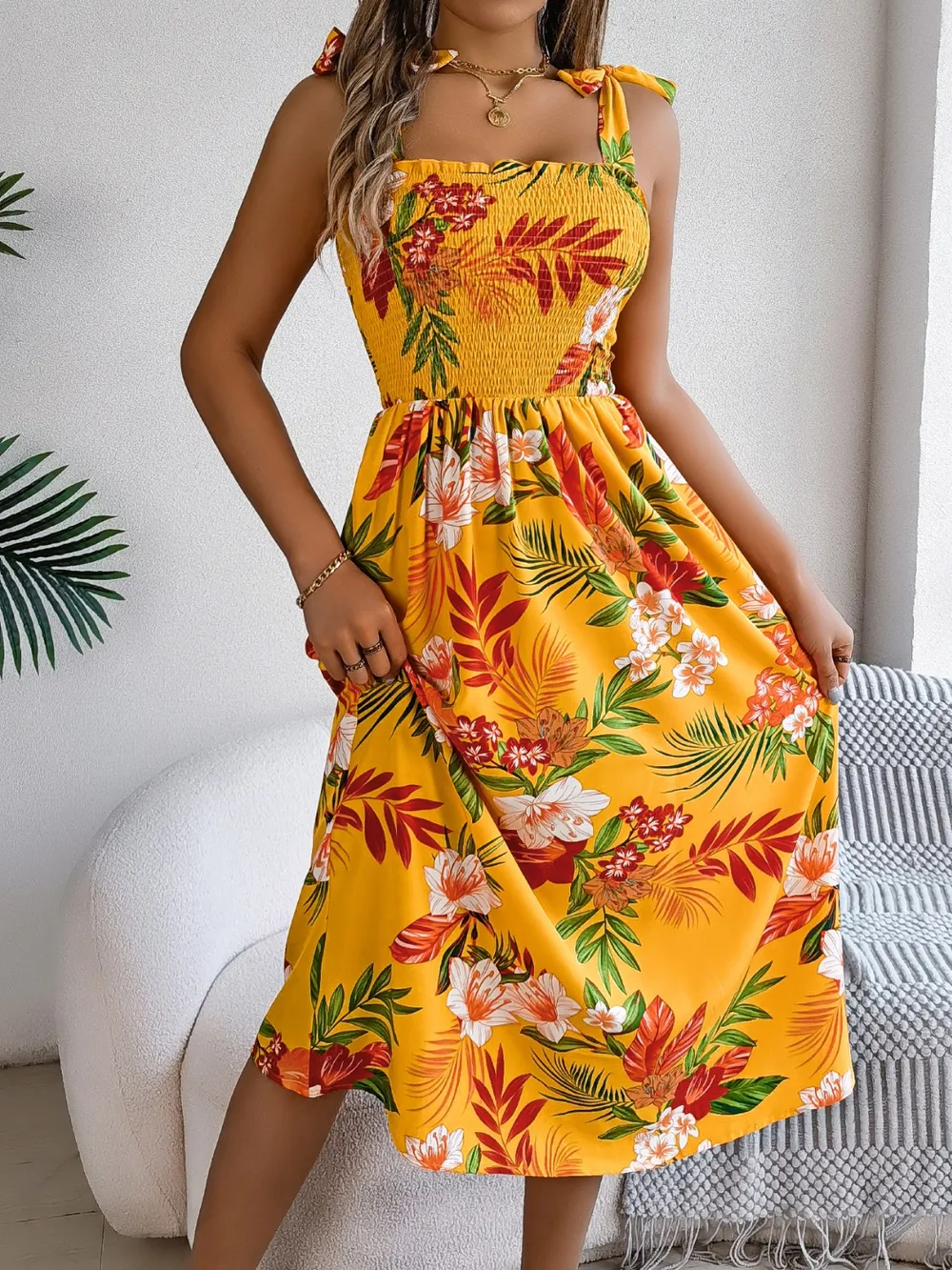 Smocked Floral Tie Shoulder Midi Dress, image 9