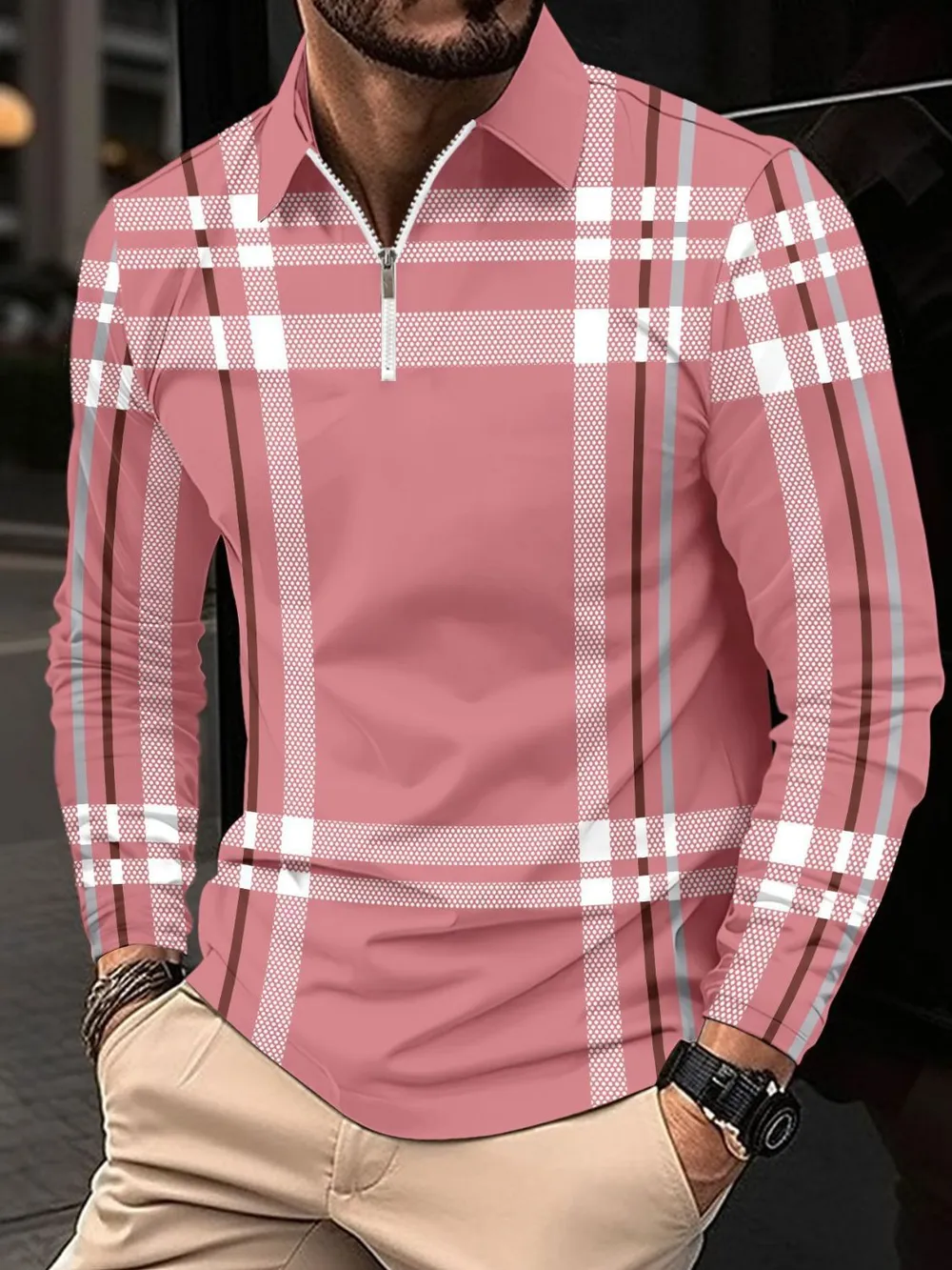 Men's Full Size Plaid Zip Collar Long Sleeve Polo Plus Size, image 4