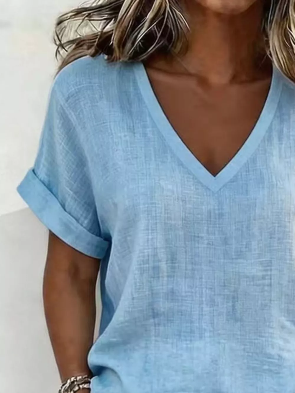 V-Neck Linen Blend Short Sleeve Top and Shorts Set, image 2