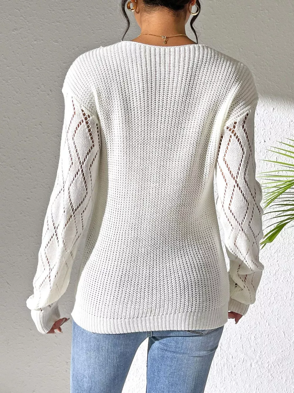 Floral Applique V-Neck Openwork Sweater, image 8