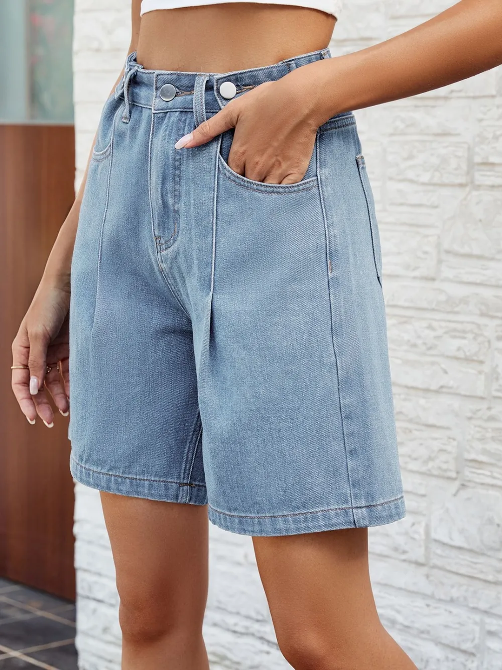High Waist Denim Shorts with Pockets, image 7