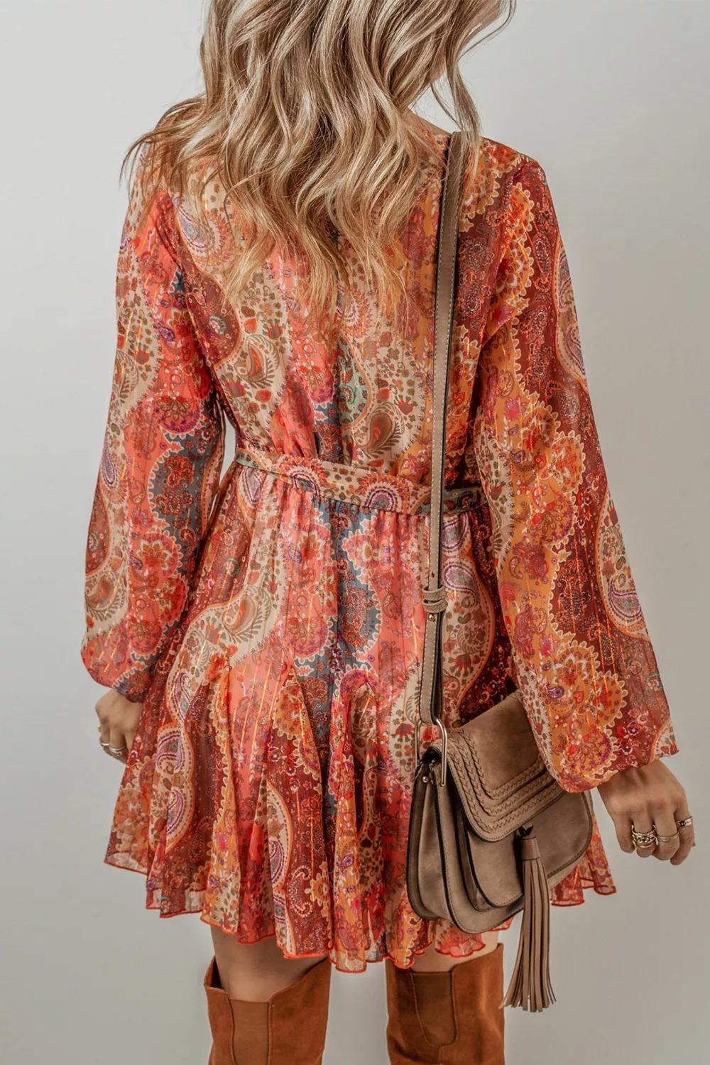 Boho Paisley Print Long Sleeve Mini Dress, image 6