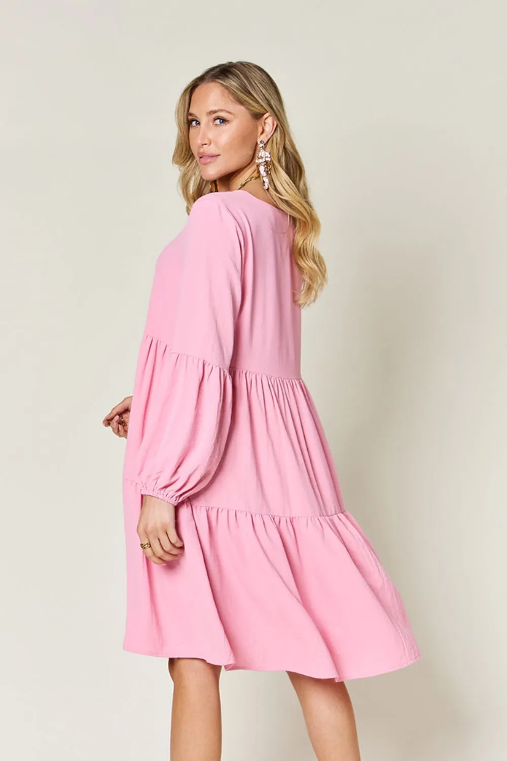 Full Size V-Neck Balloon Sleeve Tiered Dress with Pockets, image 21