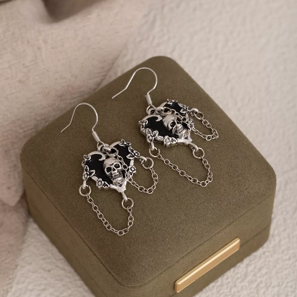 Halloween Alloy Heart Skull Earrings with Chain Detail, image 3