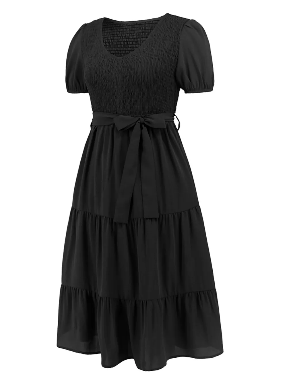 Smocked Tie Front Short Sleeve Tiered Dress, image 13