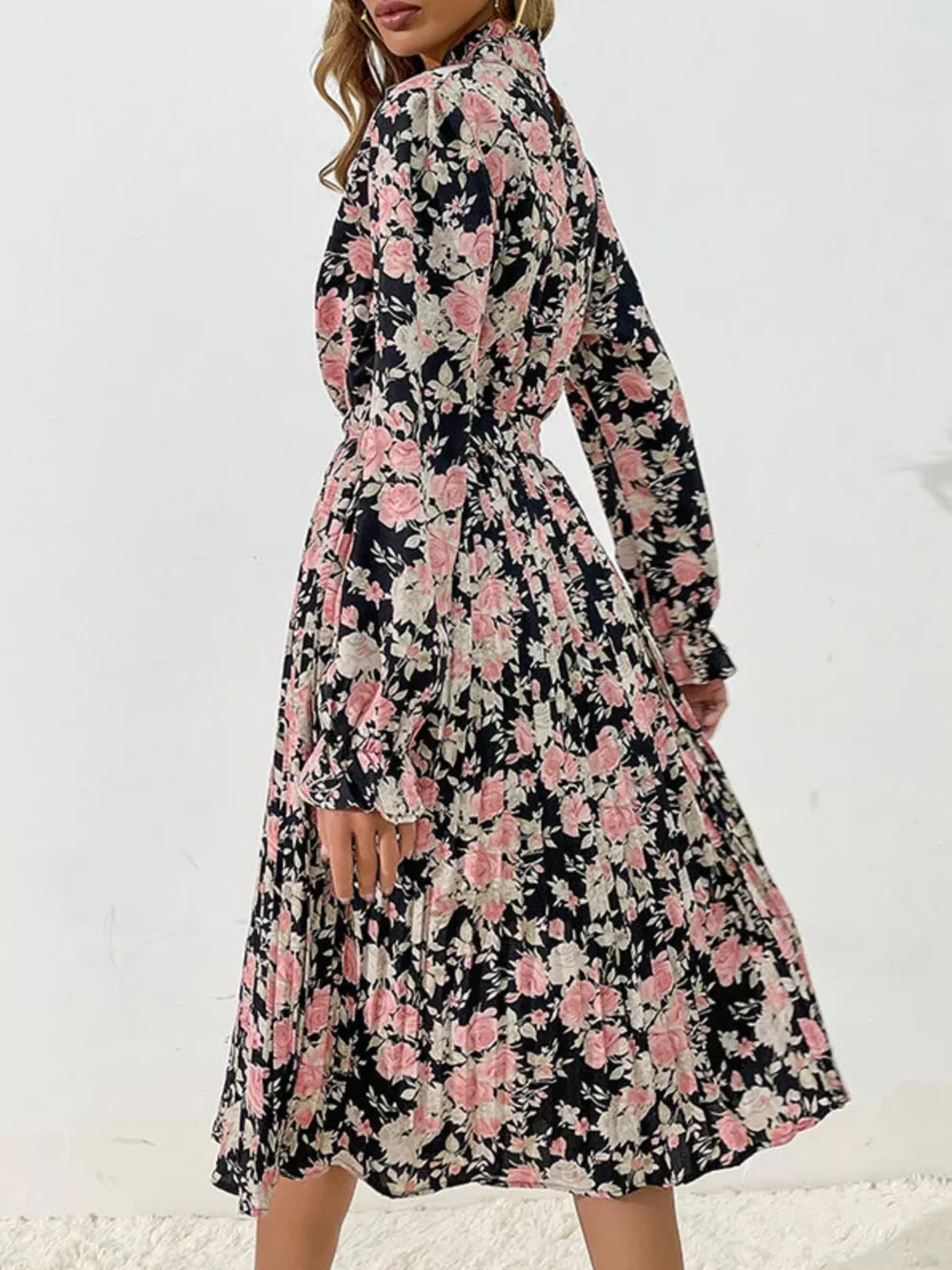 Floral Print Long Sleeve Pleated Midi Dress, image 9