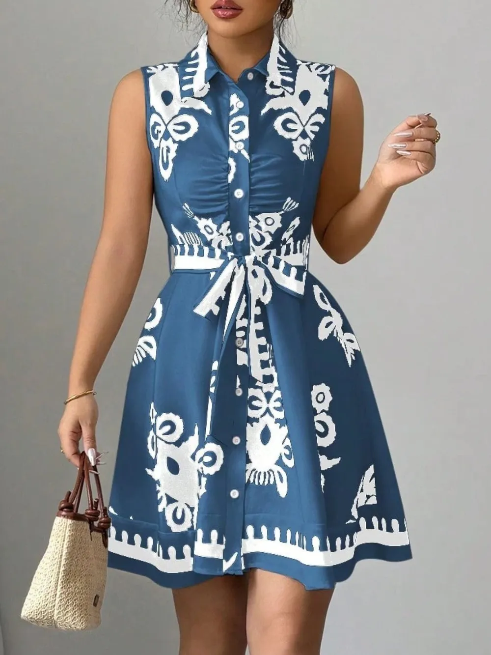 Printed Sleeveless Tie Waist Mini Dress, image 6
