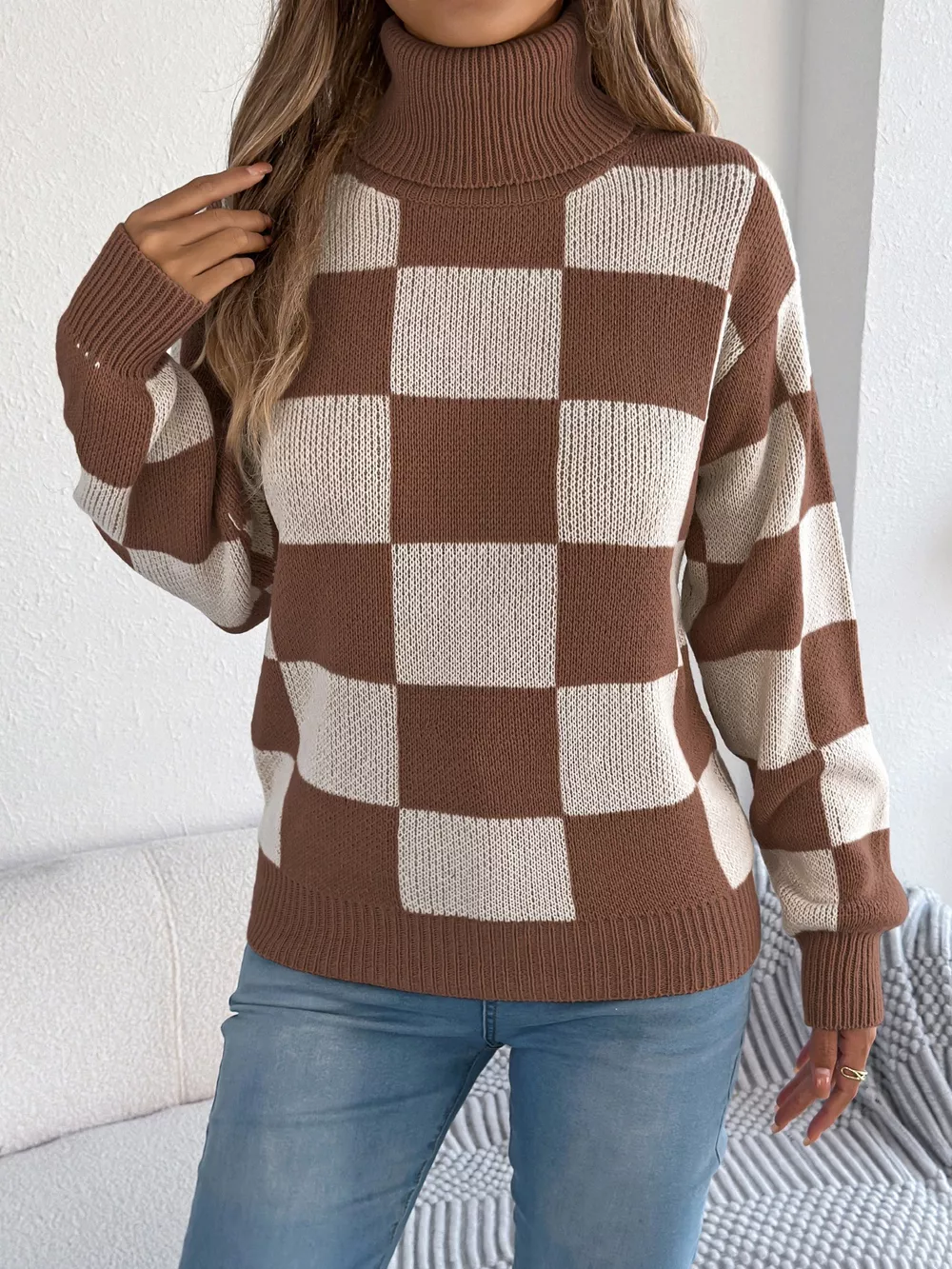 Checkered Turtleneck Long Sleeve Sweater, image 16