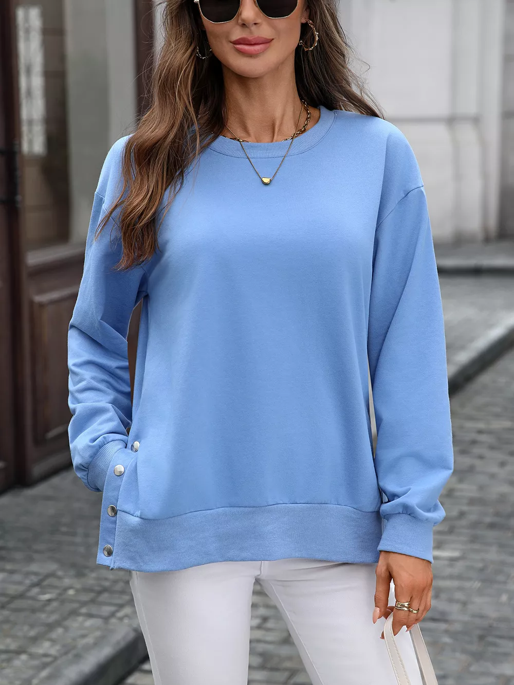 Side Snap Round Neck Sweatshirt, image 2