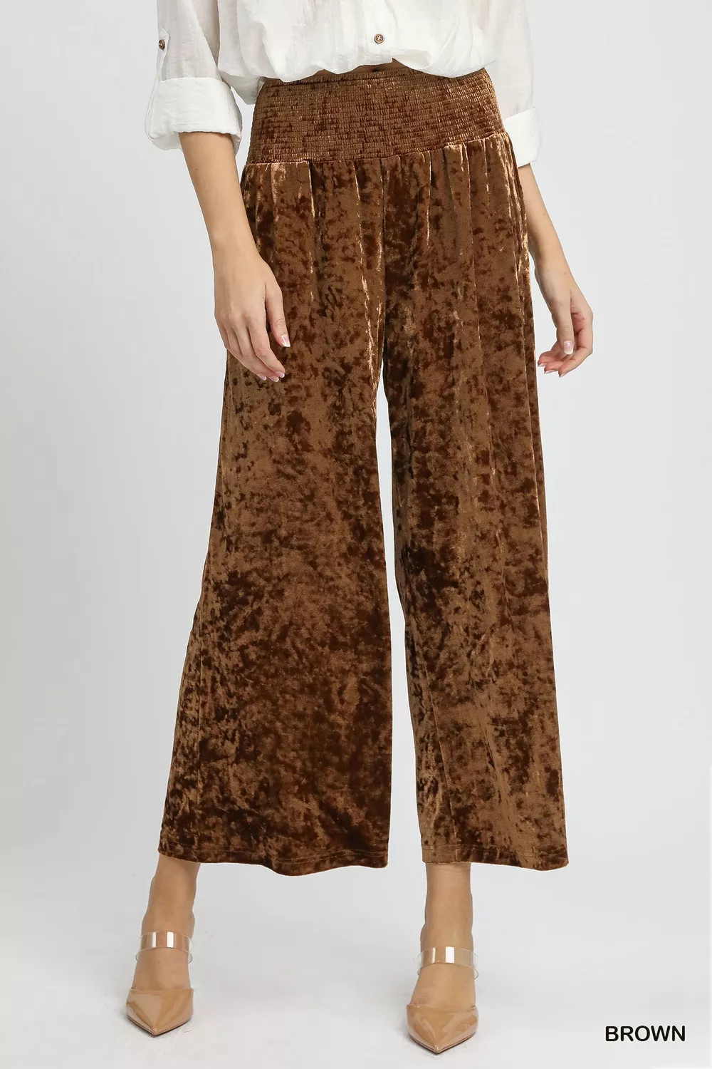 Velvet Smocked Waistband Wide Leg Pants