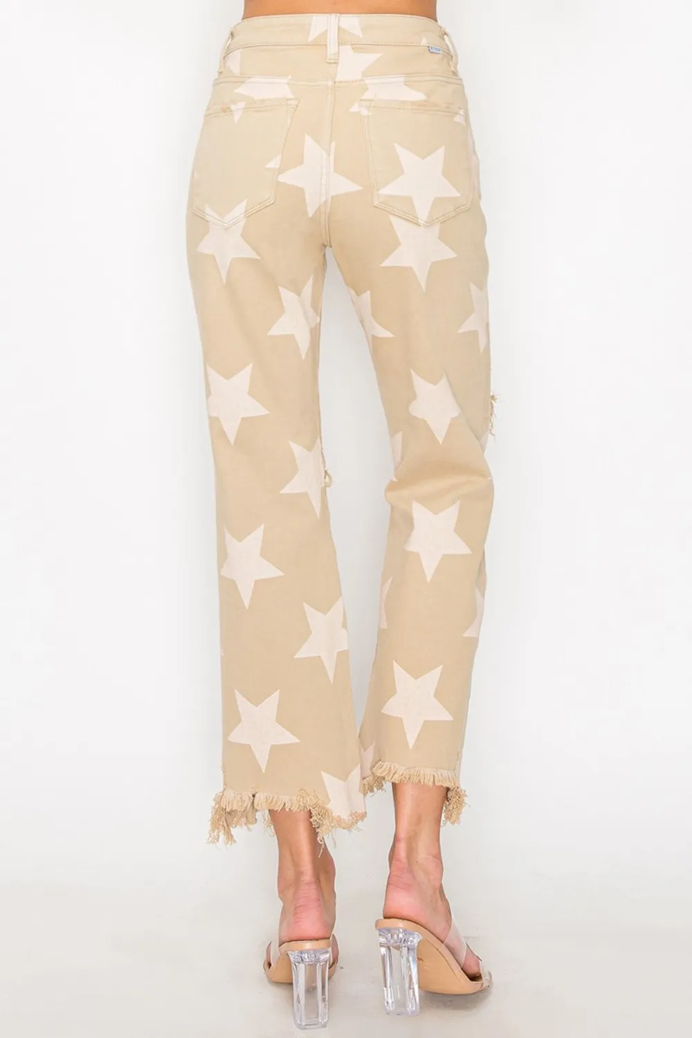Full Size High Rise Star Printed Frayed Hem Jeans, image 6