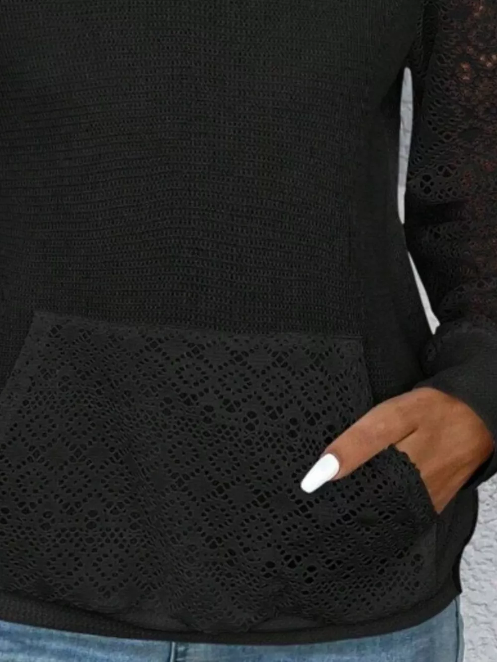 Lace Sleeve Kangaroo Pocket Hoodie, image 2