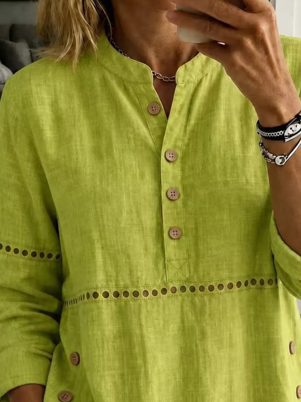 Full Size Button Detail Eyelet Long Sleeve Blouse Plus Size, image 23