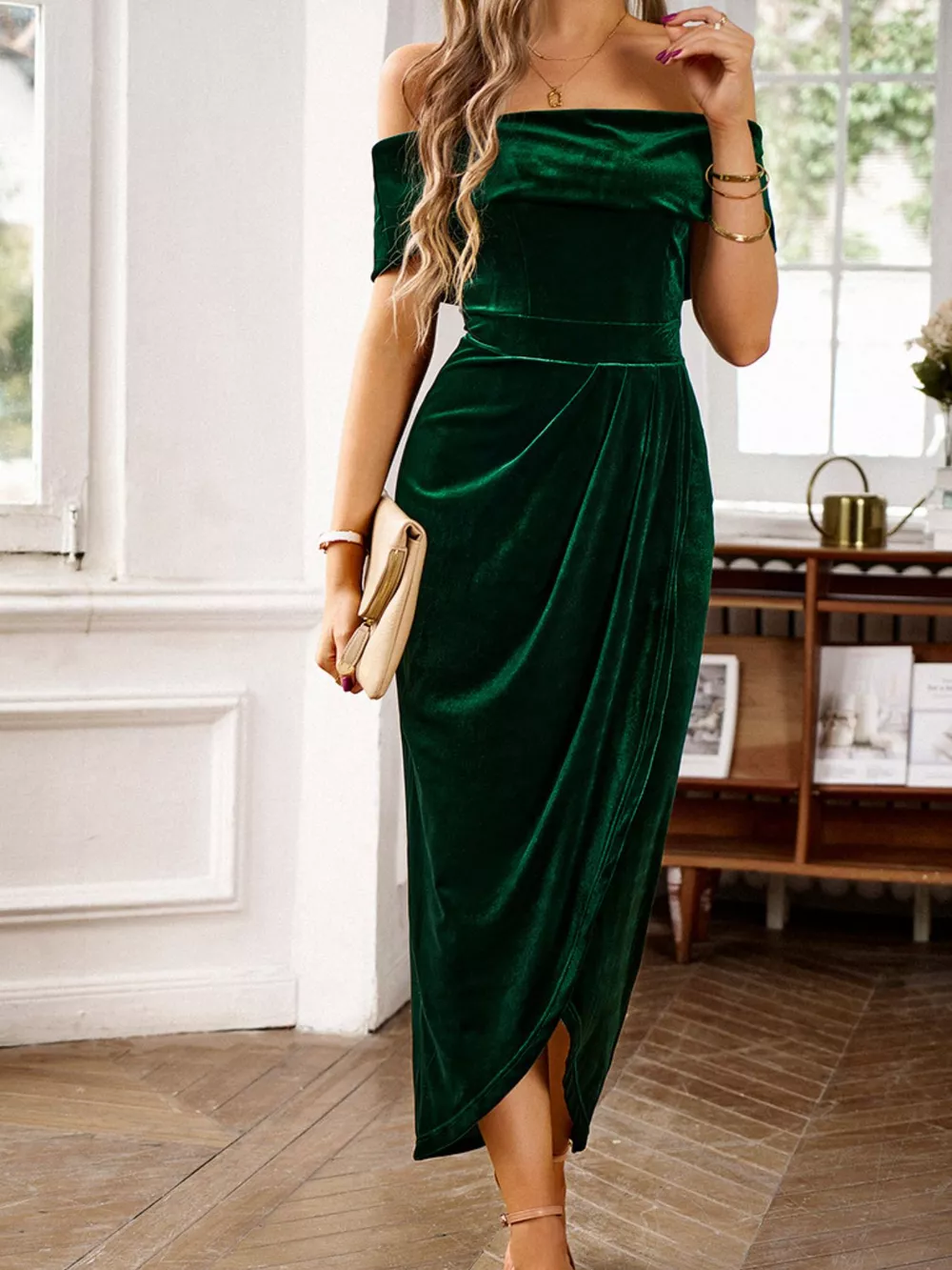 Velvet Off-Shoulder Ruched Midi Dress, image 10