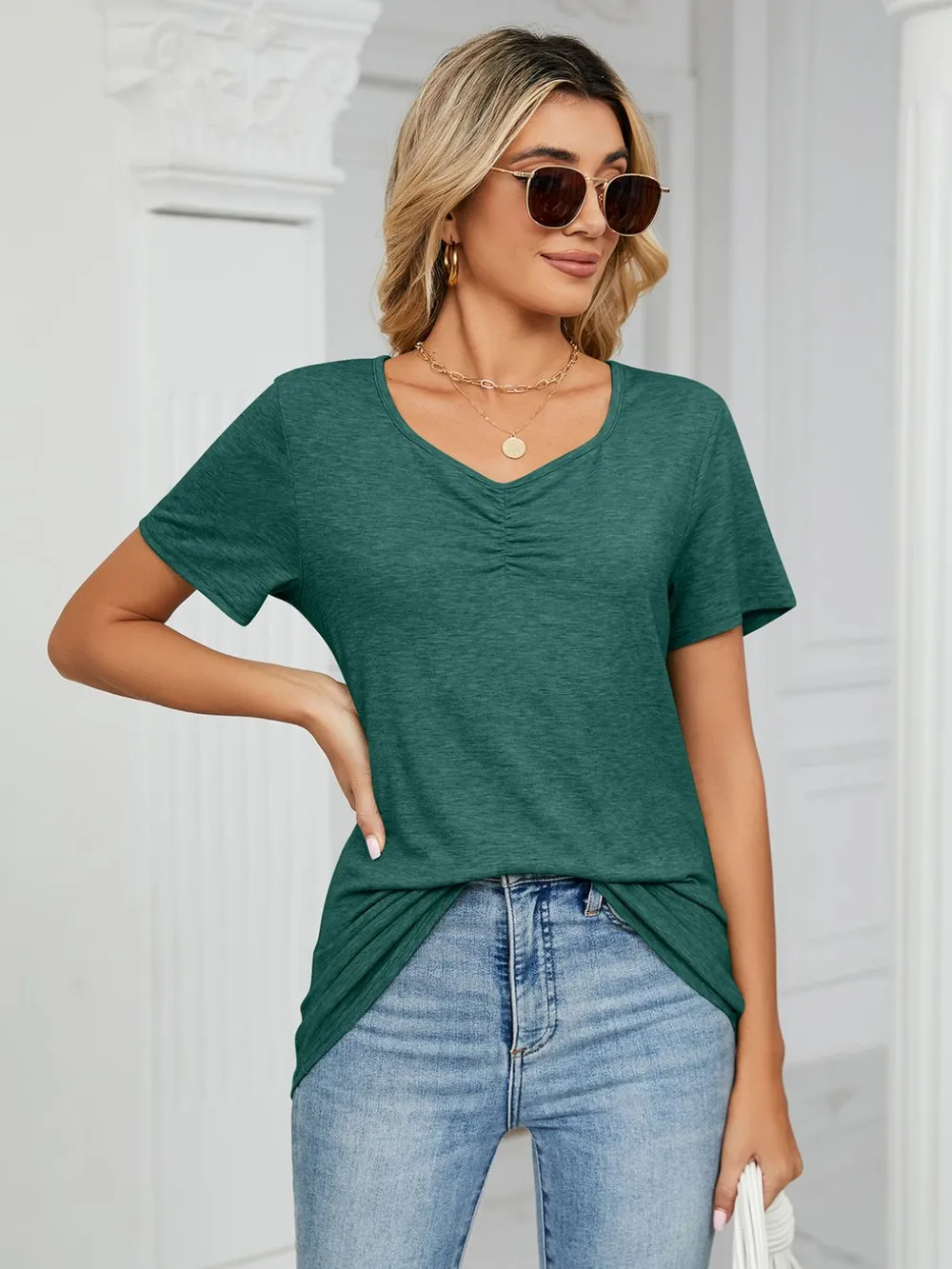 Ruched V-Neck Short Sleeve T-Shirt, image 18