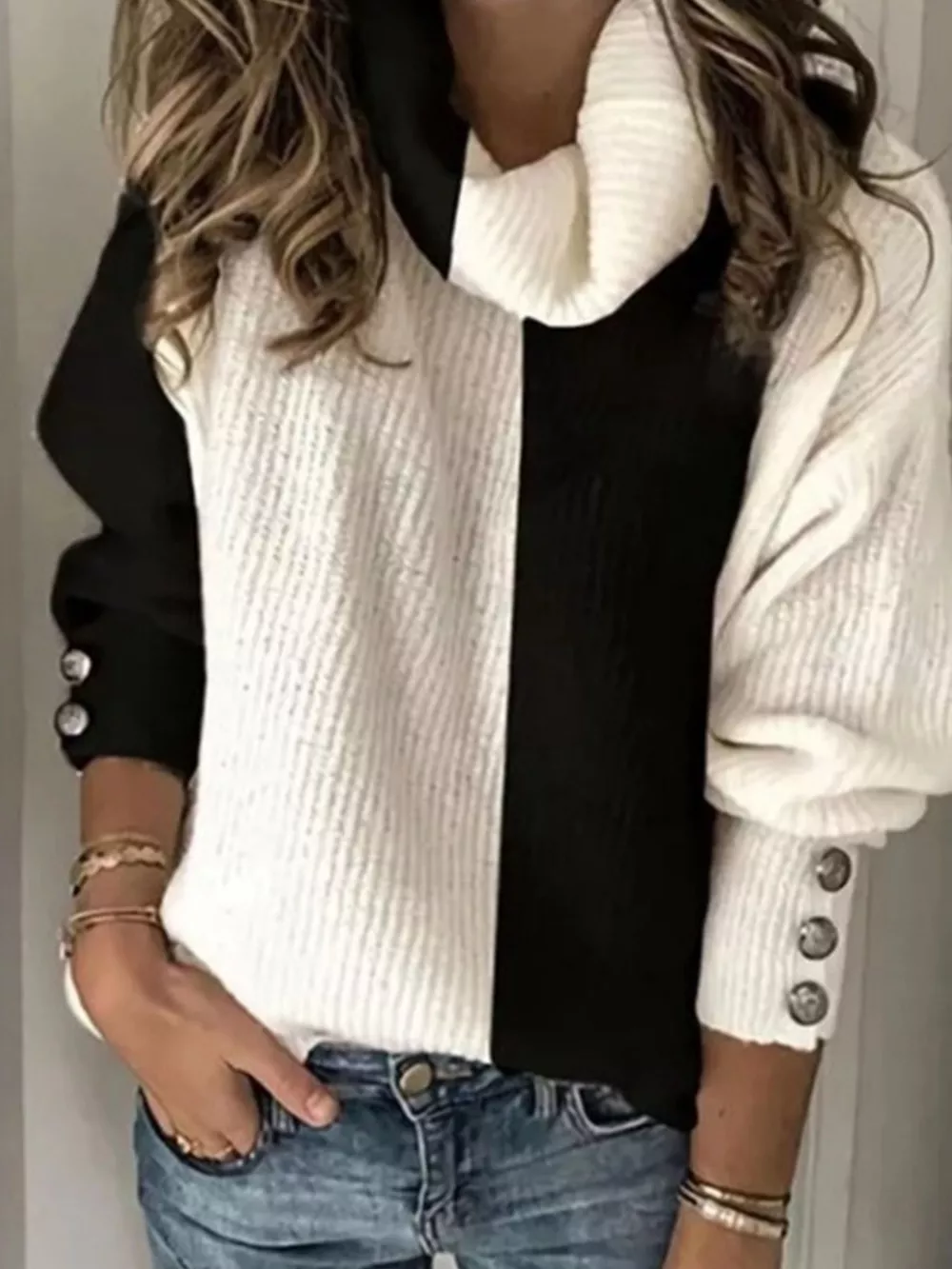 Full Size Two-Tone Turtleneck Long Sleeve Sweater Plus Size, image 2