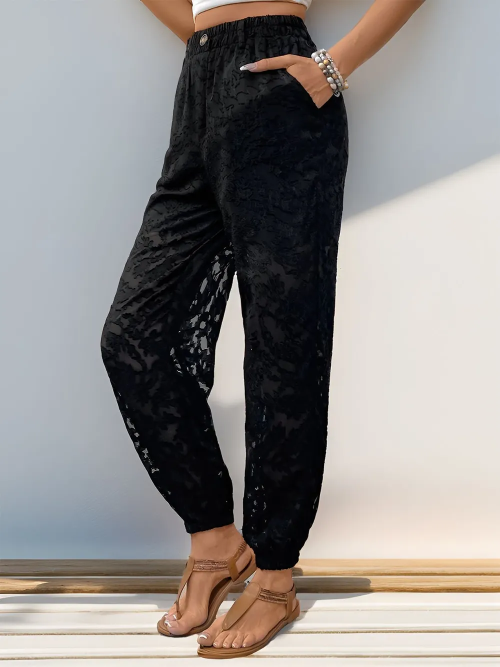 Pocketed Lace Elastic Waist Pants, image 5