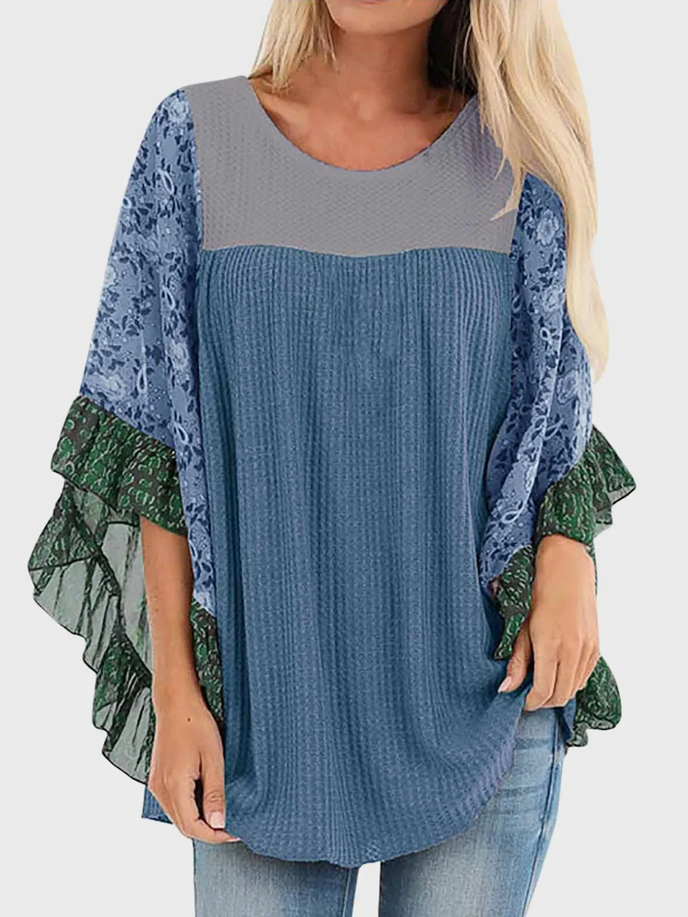 Full Size Printed Round Neck Three-Quarter Sleeve Blouse, image 17