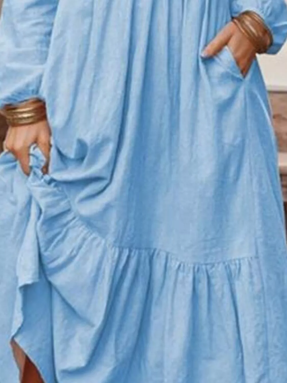 Full Size V-Neck Long Sleeve Tiered Maxi Dress with Pockets Plus Size, image 8