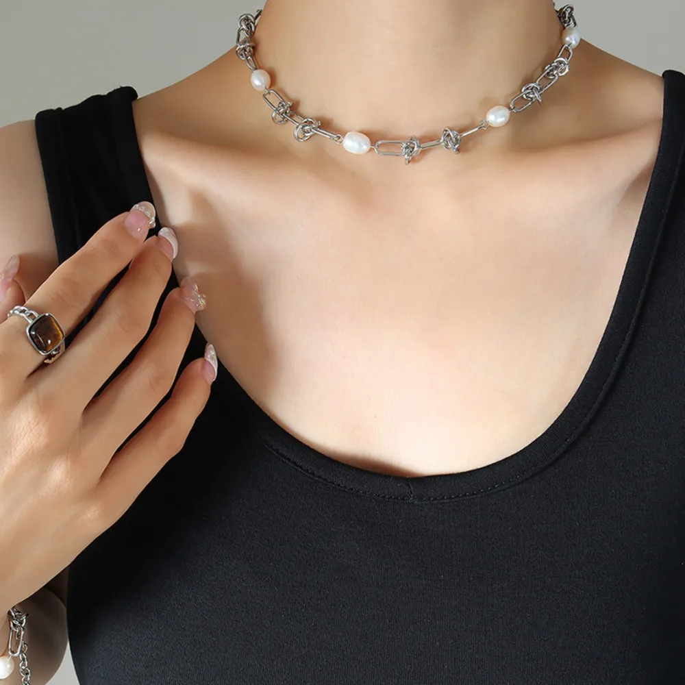 Freshwater Pearl Titanium Steel Necklace, image 4