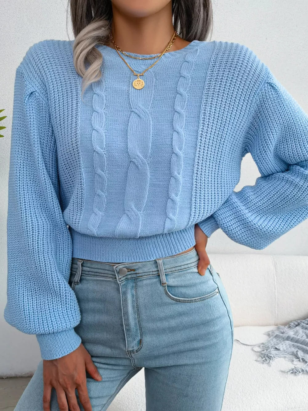Cable Knit Round Neck Cropped Sweater, image 10