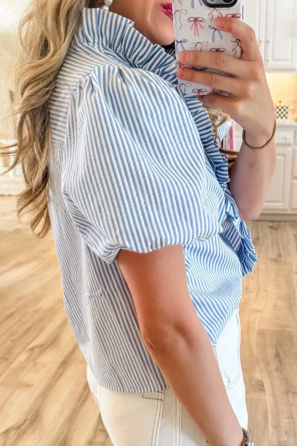 Striped Ruffle Short Bubble Sleeve Shirt, image 11