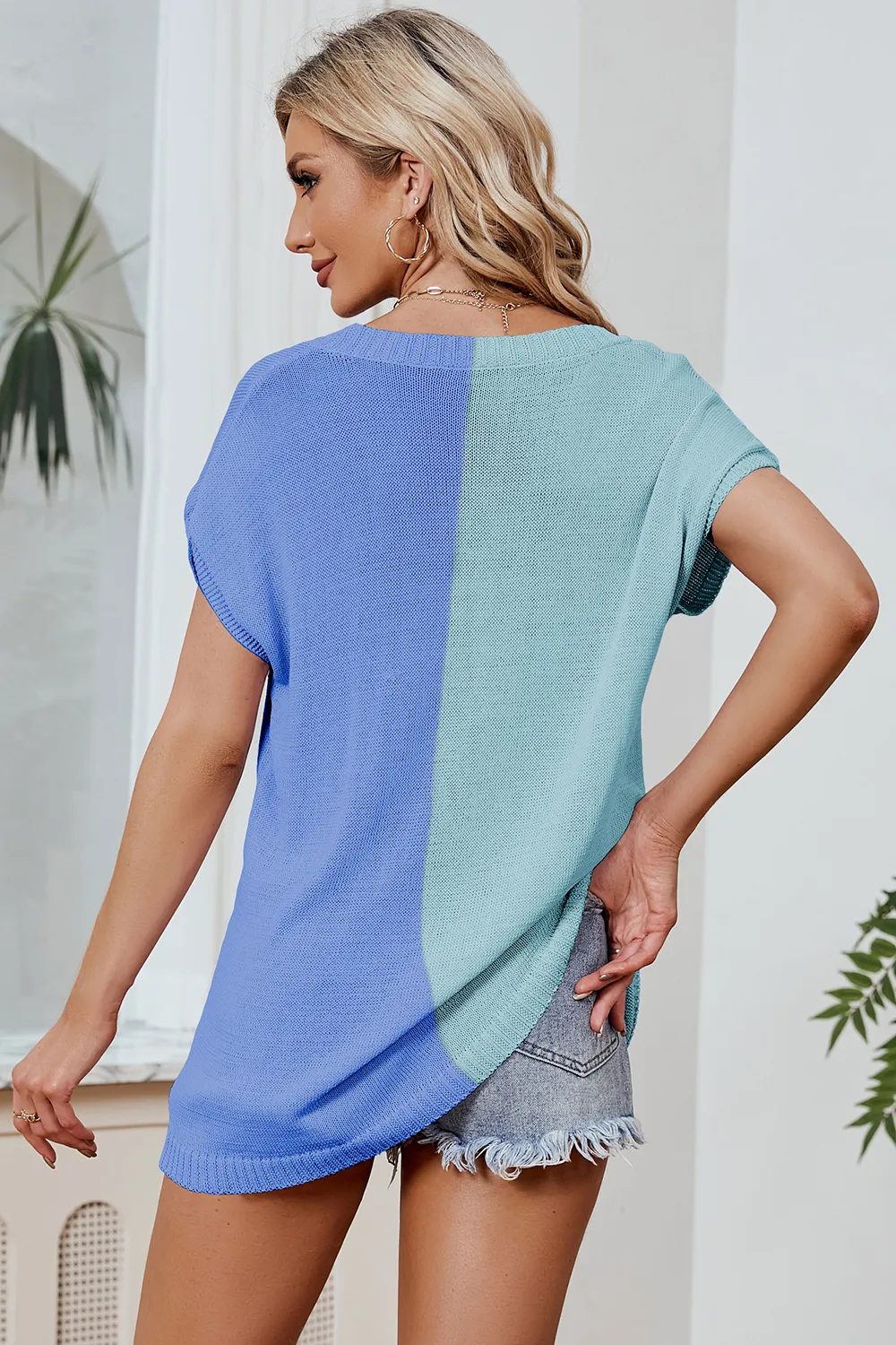 Color Block V-Neck Short Sleeve Knit Top, image 18