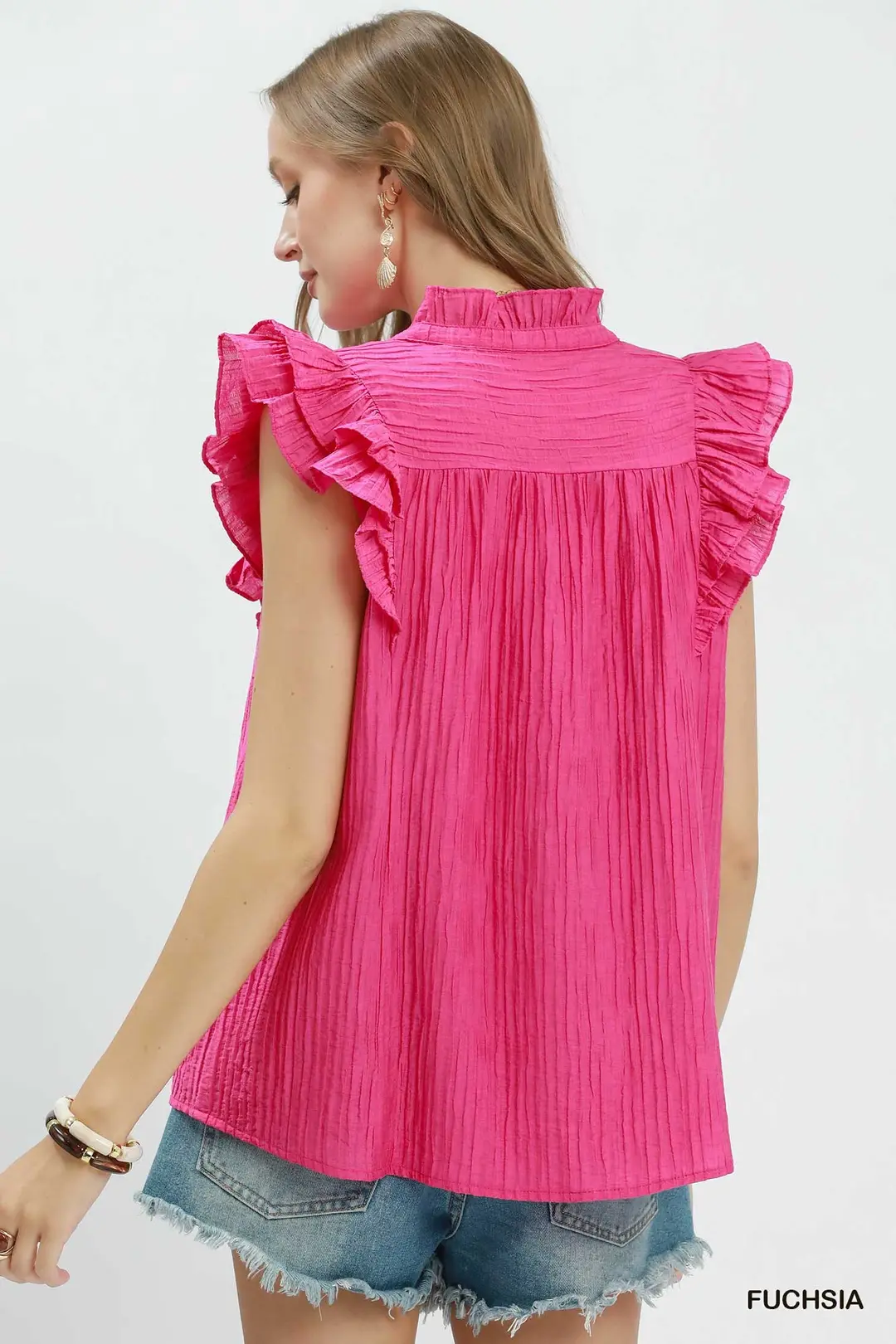 Textured Ruffle Sleeve Split V Neck Top, image 3