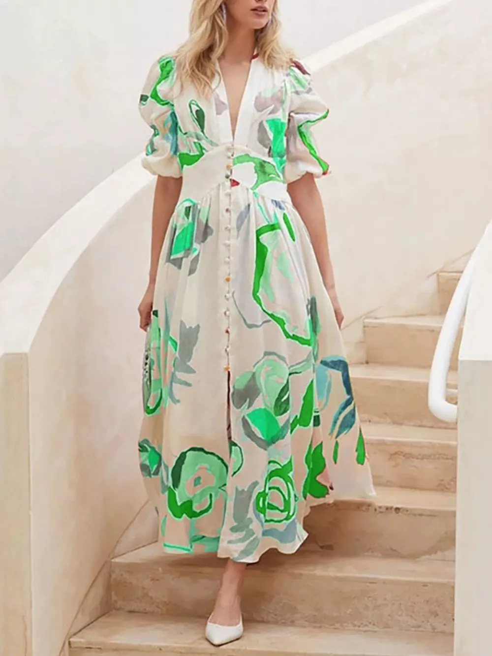 Full Size Abstract Print Puff Sleeve Midi Dress Plus Size, image 5