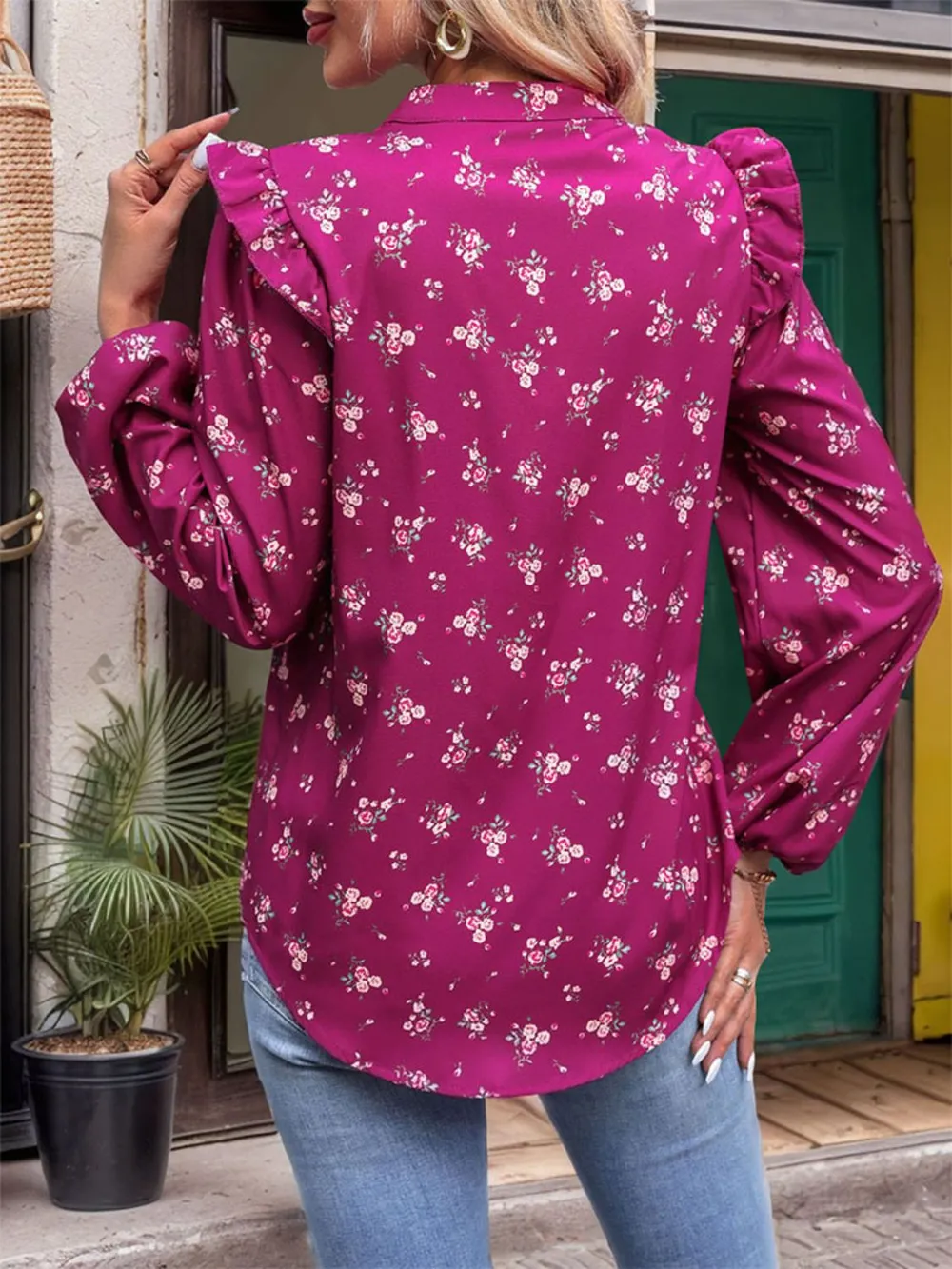 Ruffled Printed Notched Long Sleeve Blouse, image 2