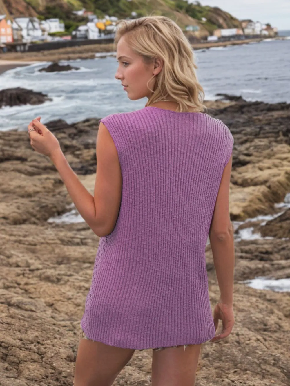 Button Down Eyelet V-Neck Sweater Vest, image 20