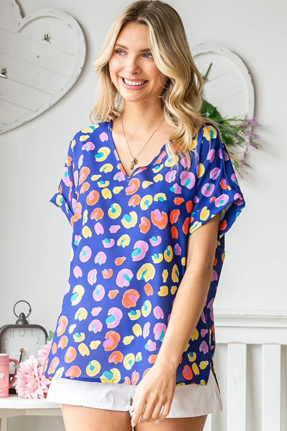 Printed V-Neck Short Sleeve Blouse, image 4