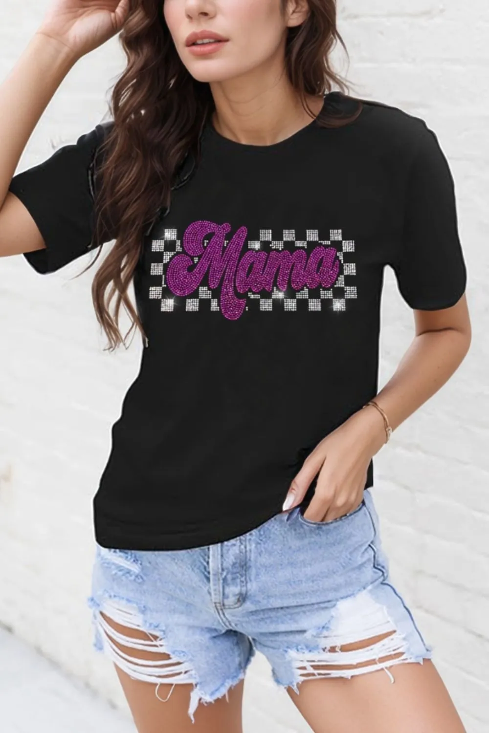MAMA Rhinestone Letter Round Neck T-Shirt, image 5