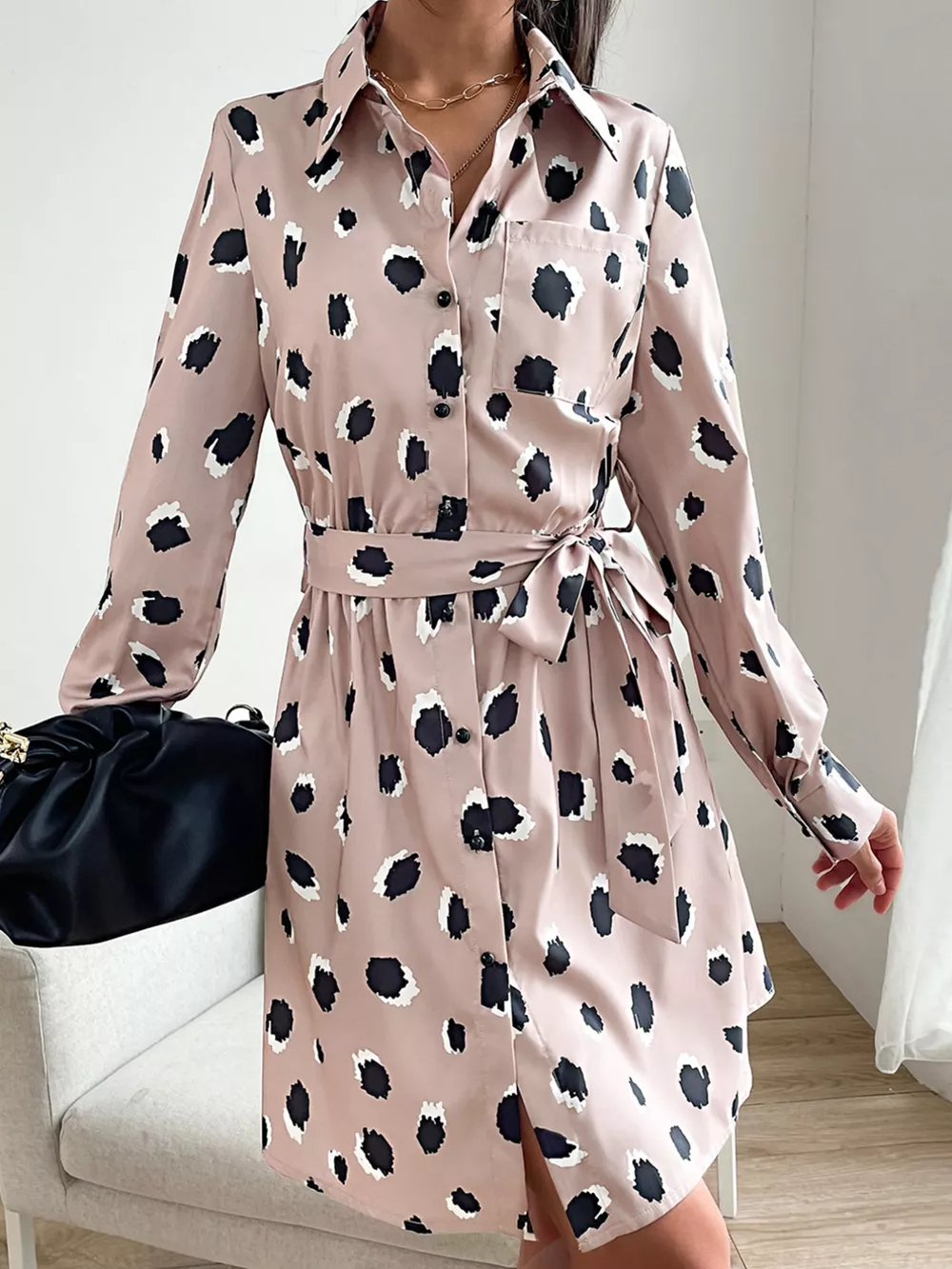 Printed Long Sleeve Mini Shirt Dress, image 5