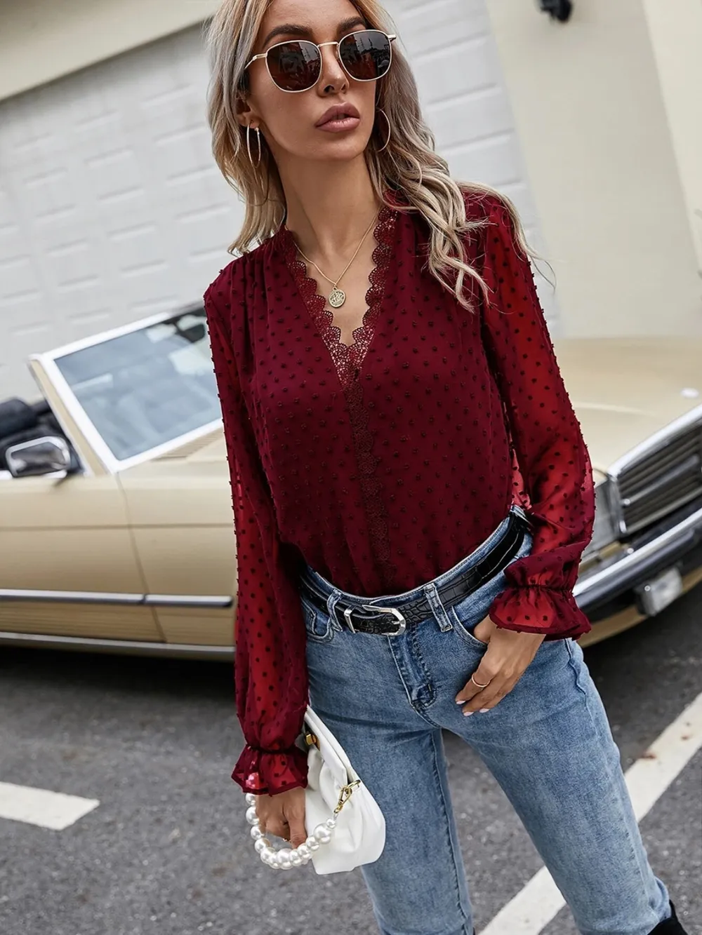 Lace Detail V-Neck Swiss Dot Blouse, image 14