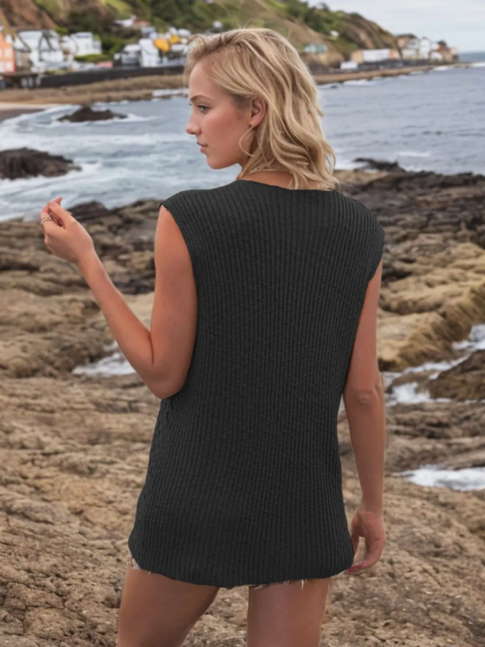 Button Down Eyelet V-Neck Sweater Vest, image 7