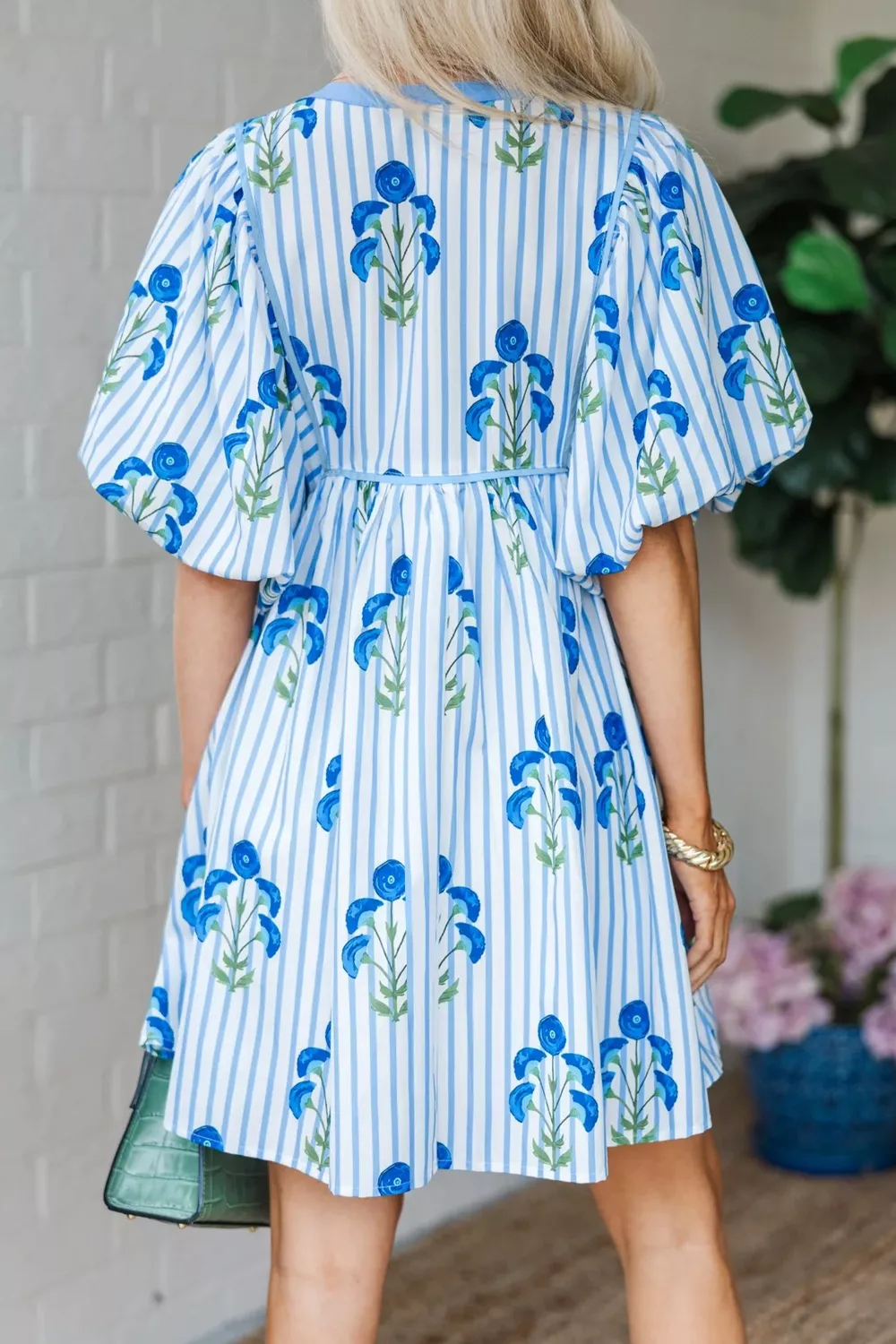 Floral Striped Print Tie Notched Neck Puff Sleeve Flared Mini Dress, image 2