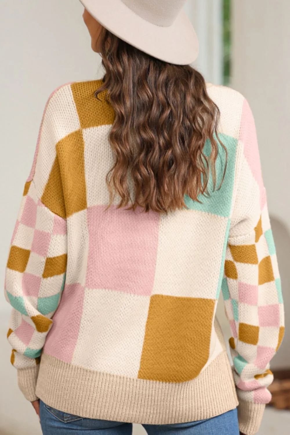 Checkered Round Neck Drop Shoulder Sweater, image 19