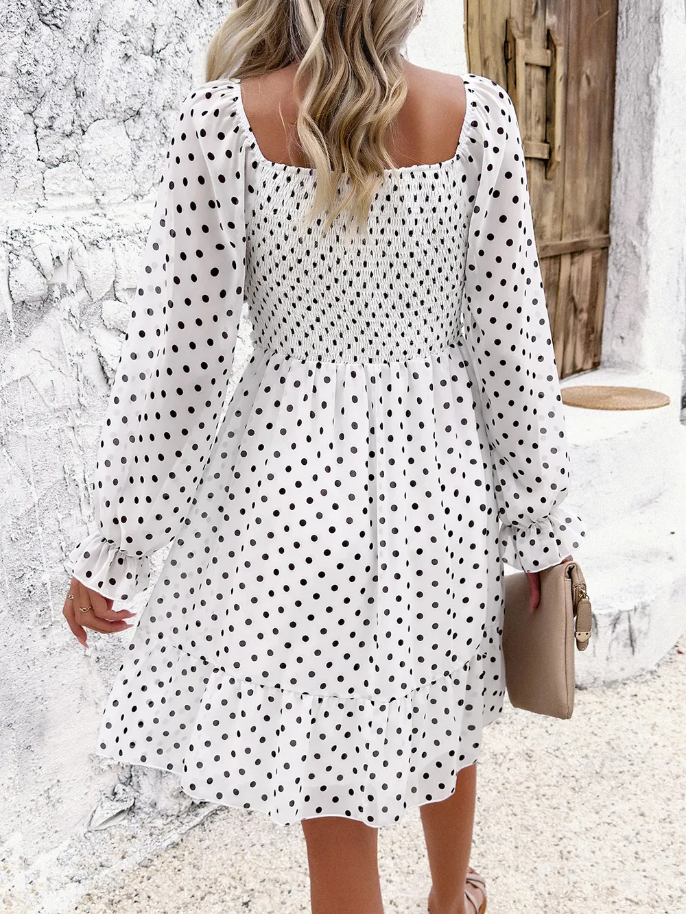 Smocked Polka Dot Long Sleeve Dress, image 7