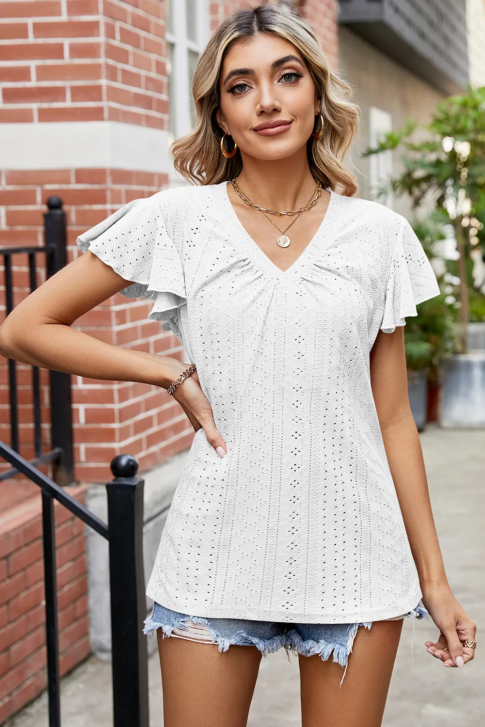 Eyelet V-Neck Flutter Sleeve T-Shirt, image 5