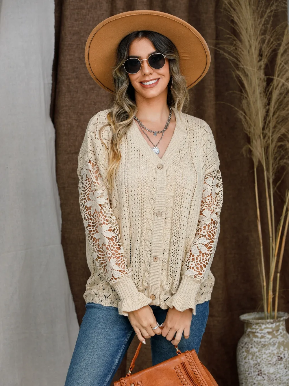 Eyelet Button Up Lantern Sleeve Cardigan, image 4