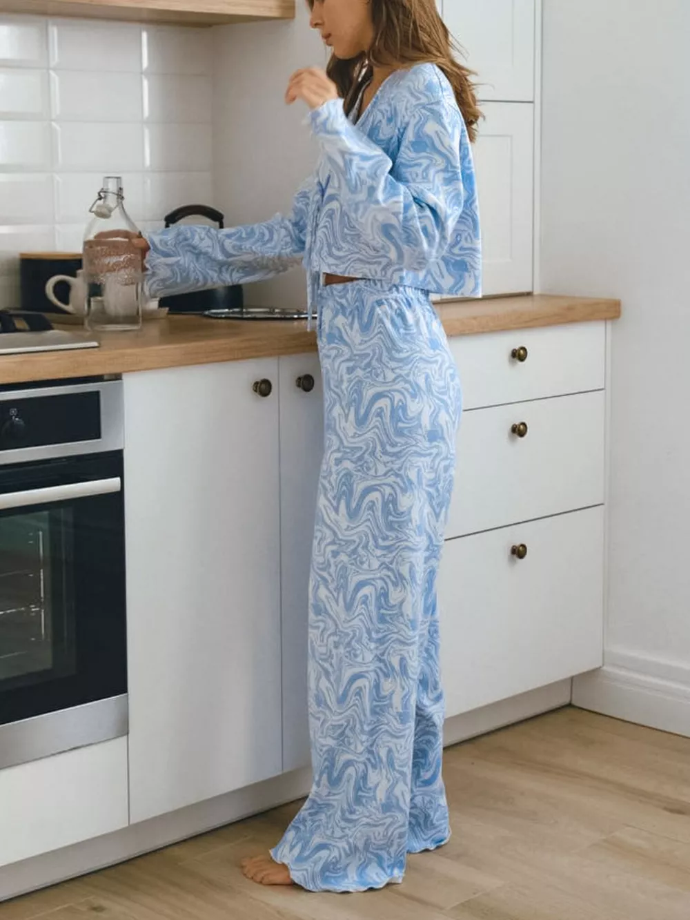 Tie Front Long Sleeve Top and Pants Lounge Set, image 4