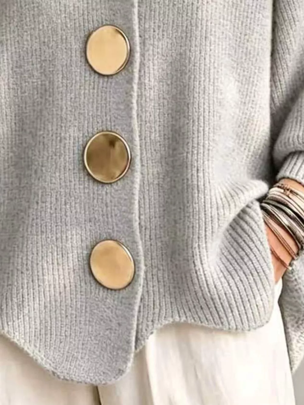 Full Size Gold Buttons Lantern Sleeve Cardigan Plus Size, image 24