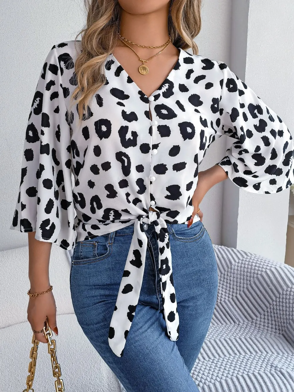 Tied Button Up Leopard V-Neck Blouse, image 4