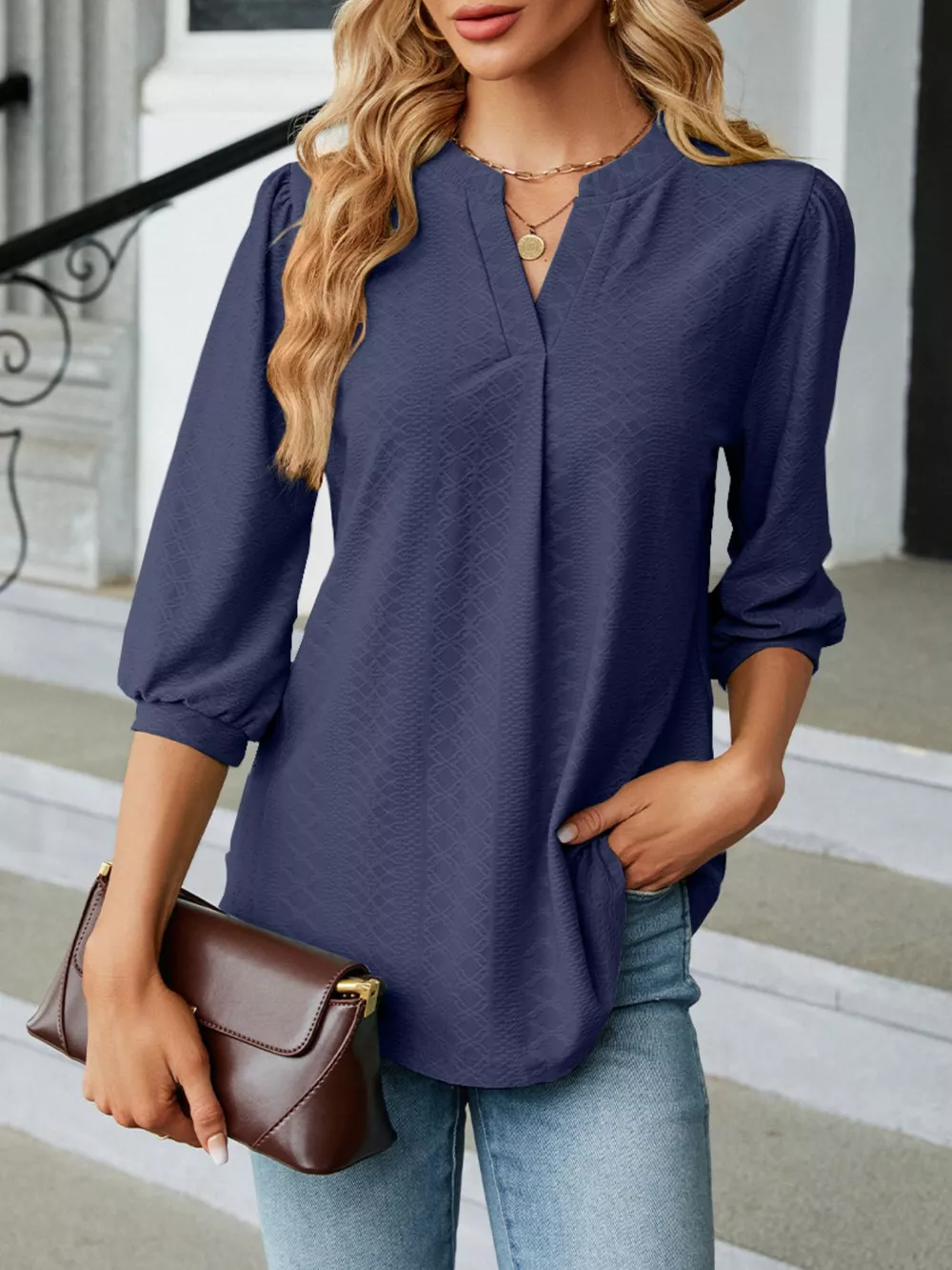 Notched 3/4 Sleeve Casual Top, image 22