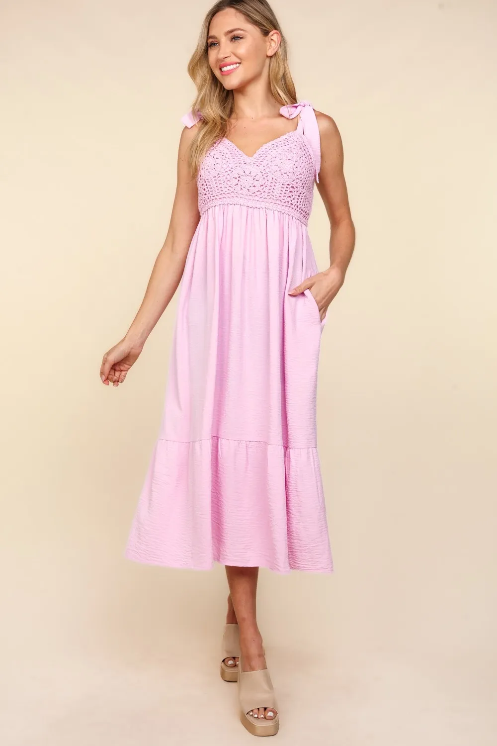 Crochet Lace Ruffle Hem Cami Midi Dress, image 3