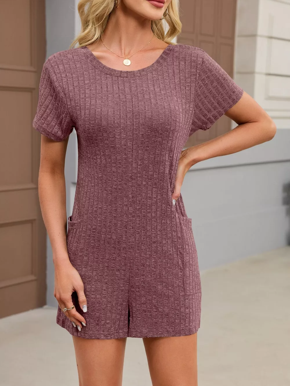 Casual Ribbed Knit V-Neck Romper, image 23
