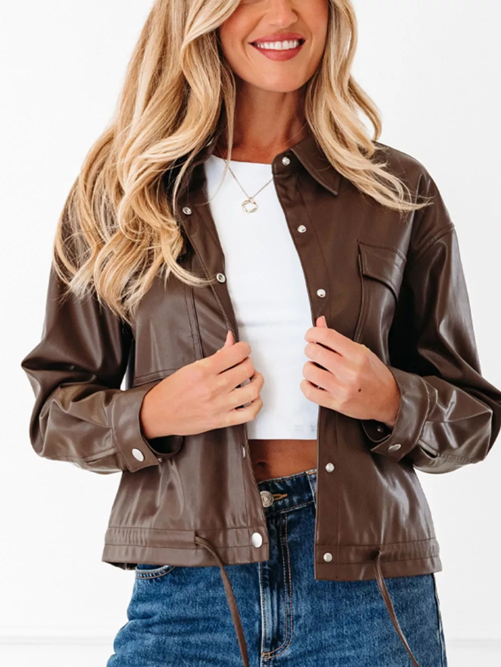 Double Flap Pocket Drawstring Hem Leather Jacket, image 2