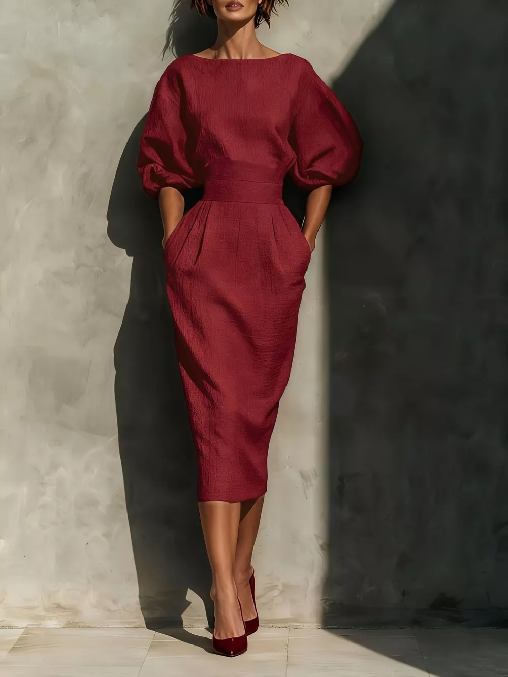 Round Neck Puff Sleeves Midi Dress, image 5